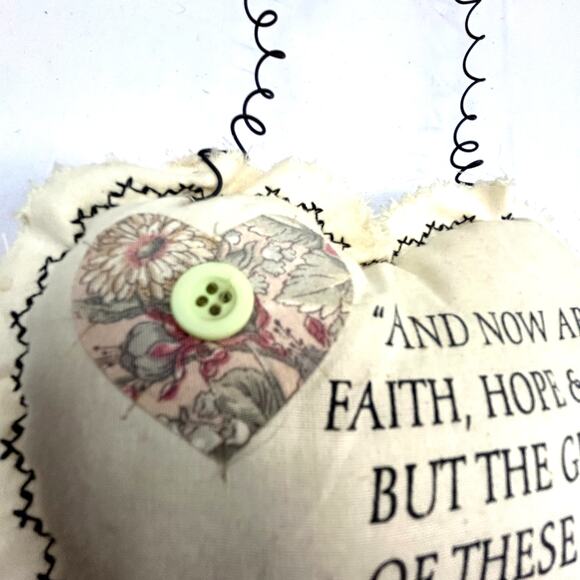 Cloth Heart with Wire hanger I Corinthians 13:13 faith hope & Love handmade - Picture 3 of 5